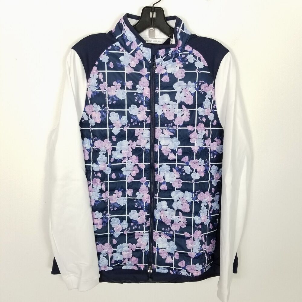 Peter Millar Women's Merge Hybrid Golf Jacket Sz M Blue White Floral Zip Up Puff